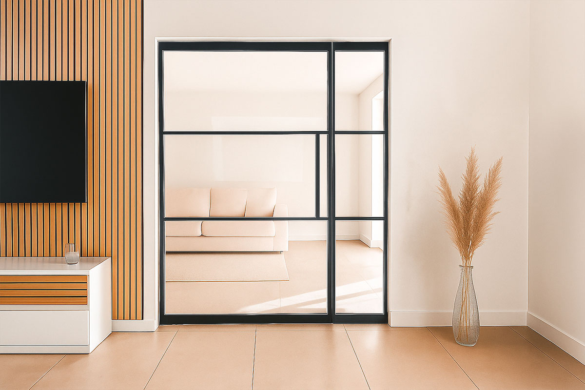 Glastür mit schwarzem Rahmen im Wohnbereich